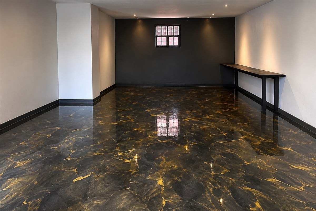 Visualisiertes Oberflächenkonzept „Schwarz-Gold“ für Innenraum