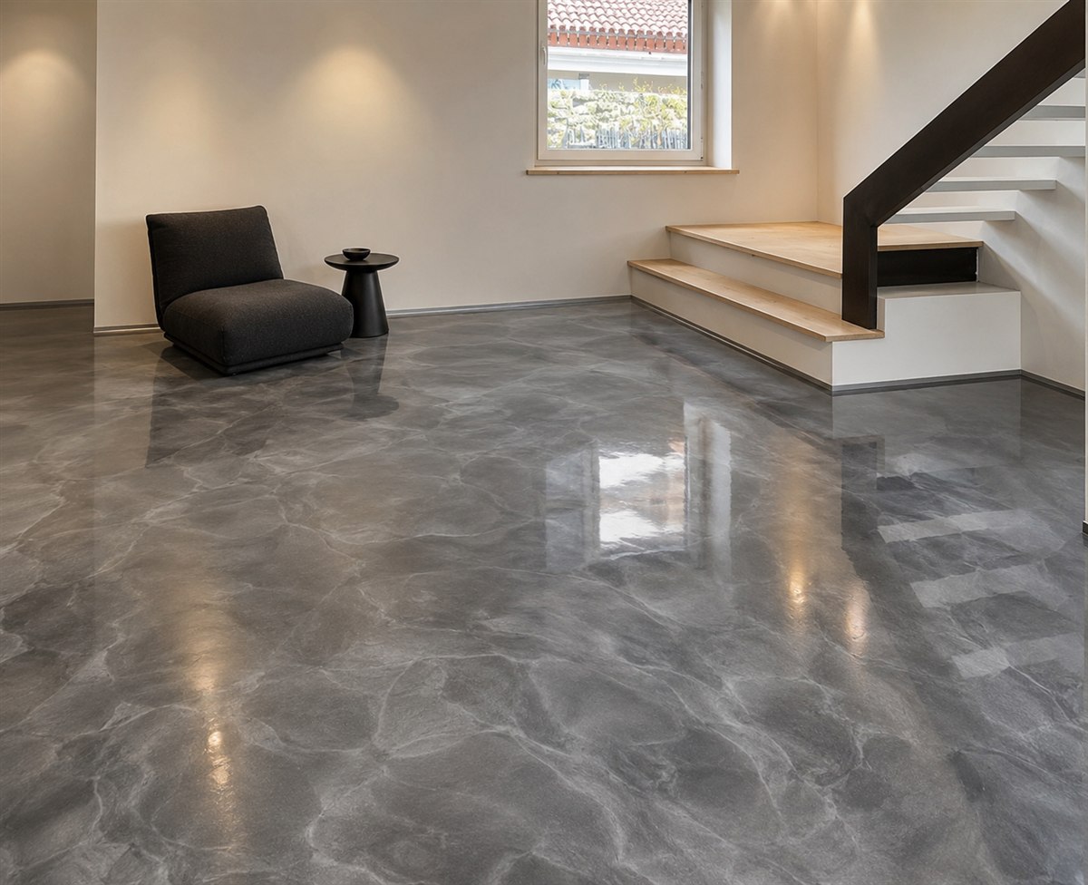 Visualisiertes Oberflächenkonzept „Liquid Silver“ für Wohnbereich